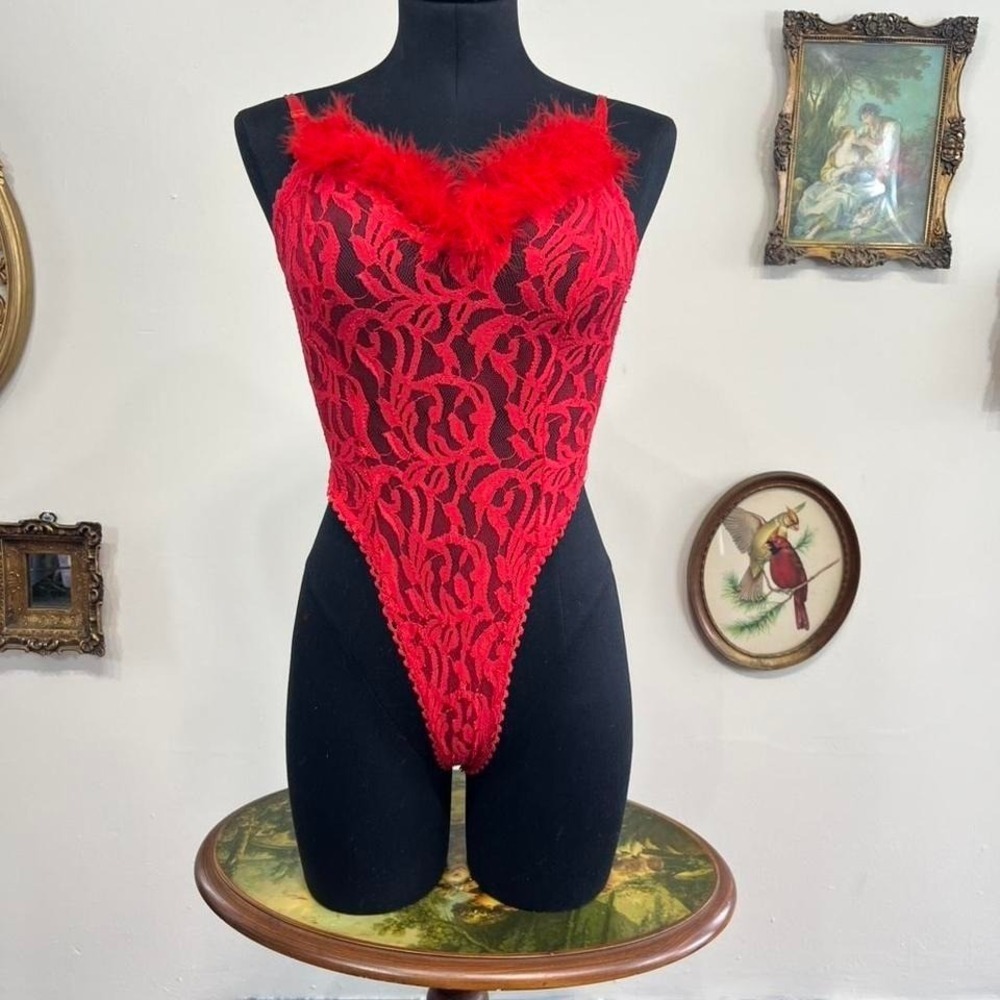 Vintage Y2K Red Lace Feather Trim Teddy Bodysuit Lingerie